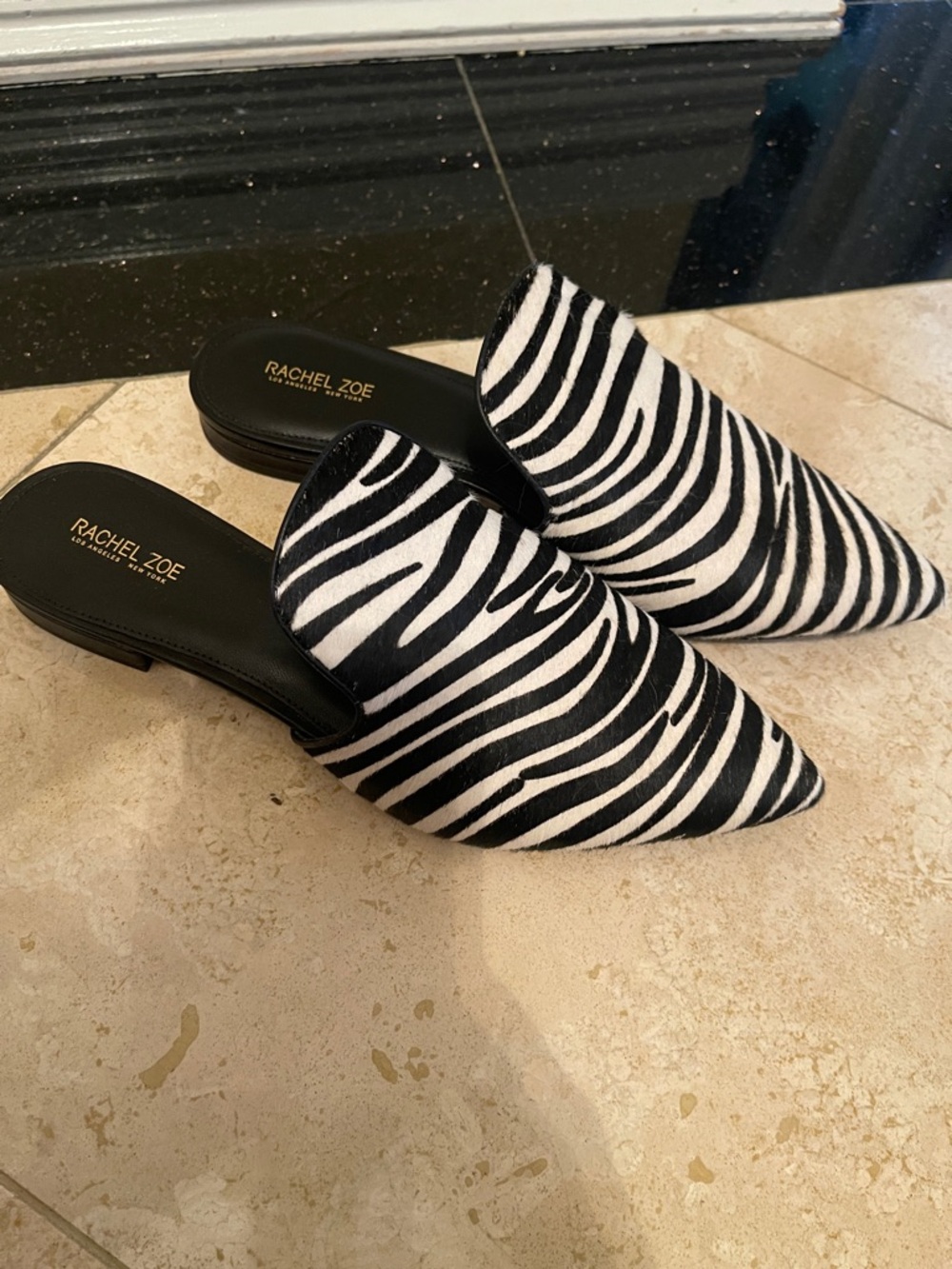 NWOT RACHEL ZOE zebra print calf hair mules